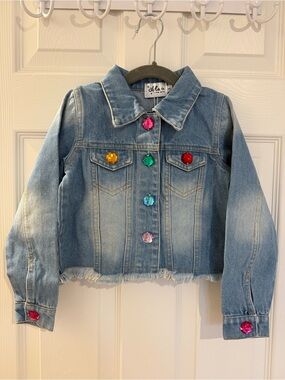 Lola & The Boys NWT Kids Denim Jacket with Multicolor Gem Buttons & Evil Eye
